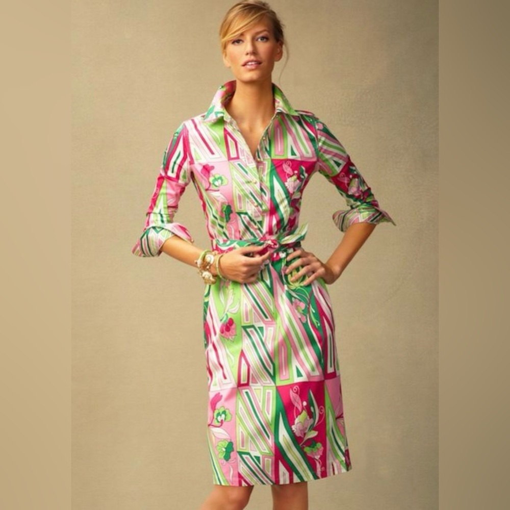 Talbots Geometric/Floral Print Midi Cotton Shirt Dress In Pink/Green Size 6